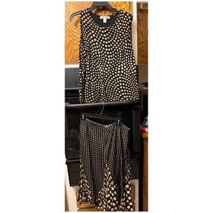 Rafael & WD-NY Polka Dot Top and Silk Skirt Set Black Tan XL 14 Ruffle Hem